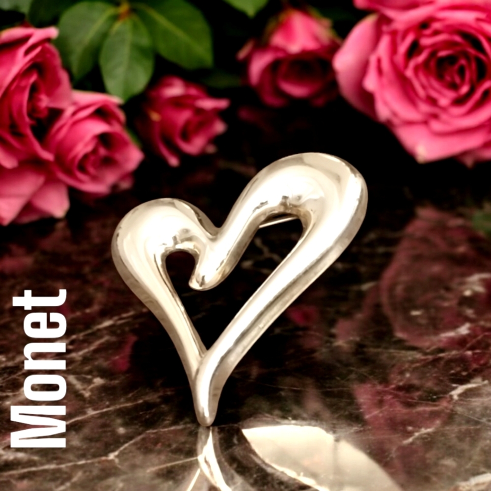 Monet Silver Heart Sculpture Gold-tone Brooch